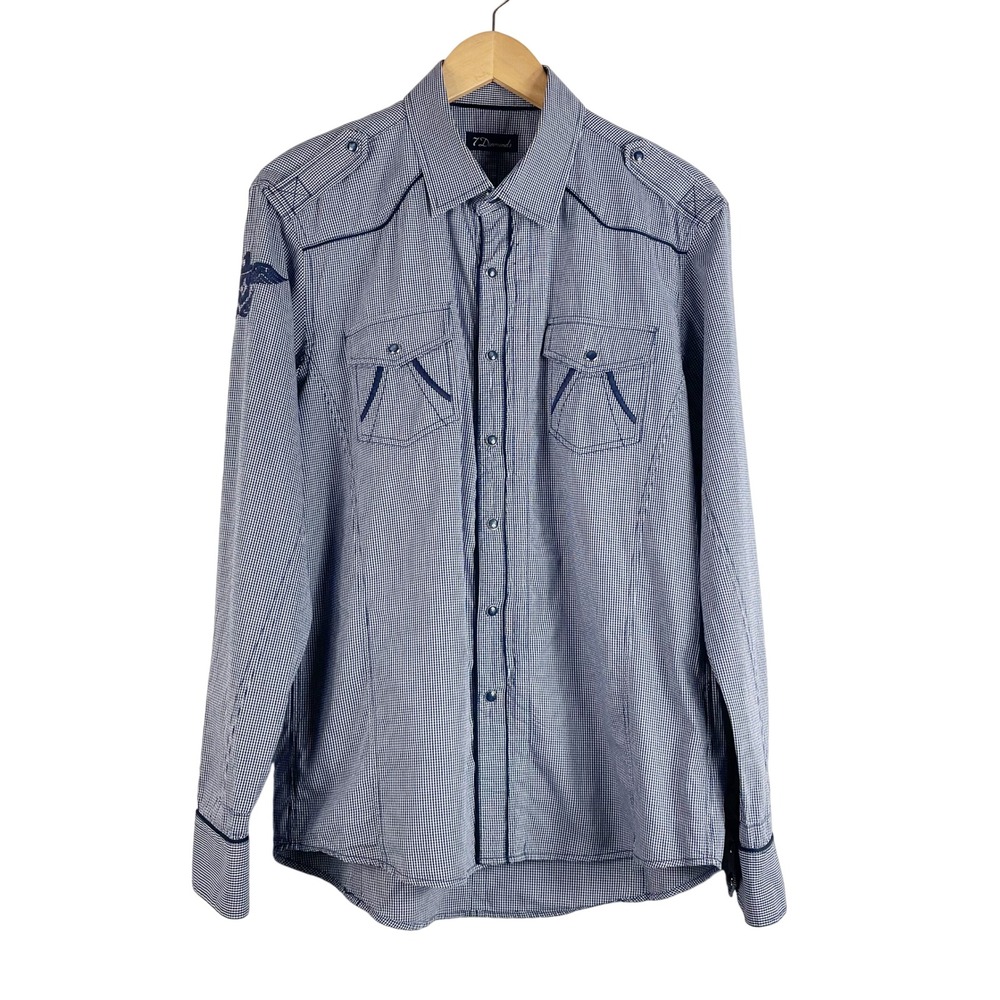7 Diamonds Button Down Shirt Men's L Navy Blue Gingham Western Snap Eagle Rodeo
